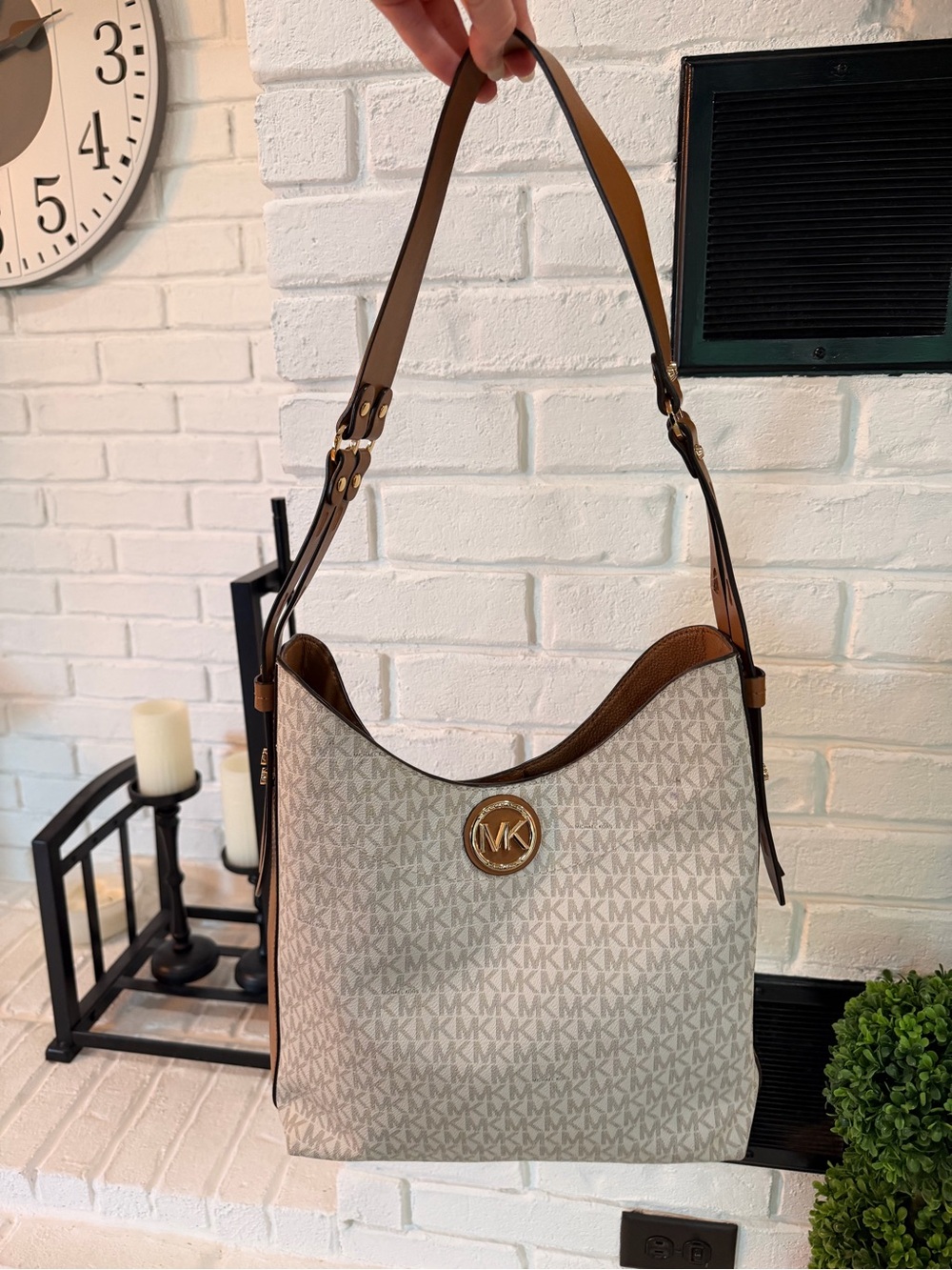 Michael Kors Beige Signature MK Logo Hobo Shoulder Bag with Brown Trim